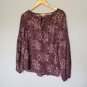 LOFT Burgundy Floral Bell Sleeve Blouse, Size Small